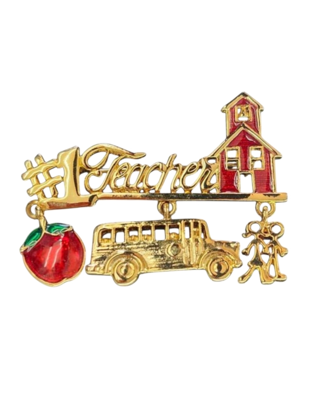 #1 Teacher School Brooch Lapel Pin 3 Charms Apple Bus Kids Gold Red Vintage 80s